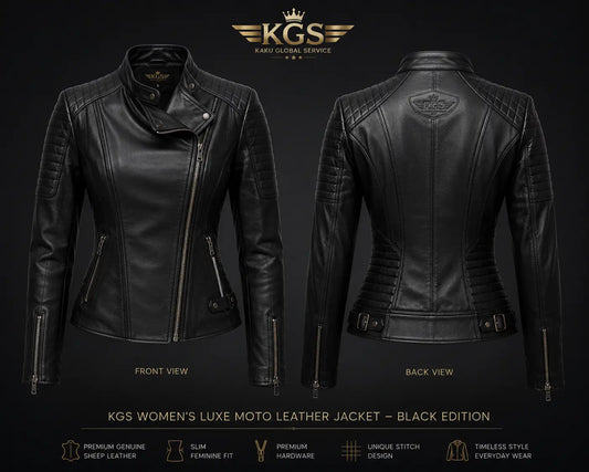 Black leather women's moto jacket with front and back views on a dark background, featuring KGS branding.
