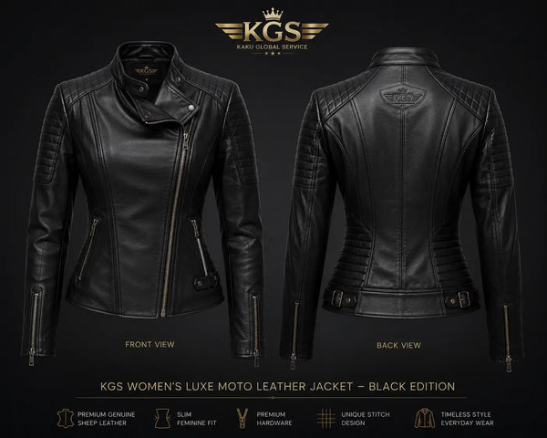 Black leather women's moto jacket with front and back views on a dark background, featuring KGS branding.