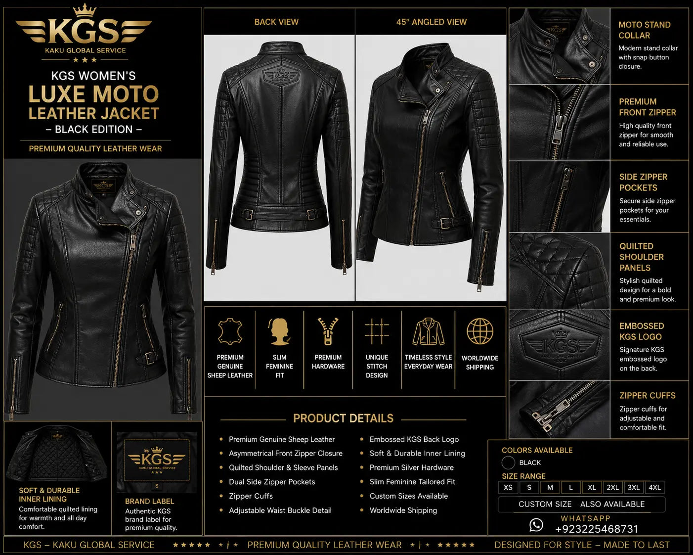 KGS Women's Luxe Moto Leather Jacket with detailed specifications and views.