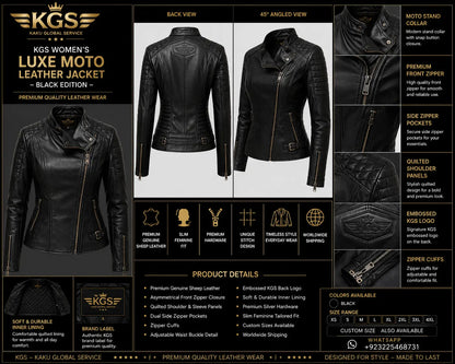 KGS Women's Luxe Moto Leather Jacket with detailed specifications and views.