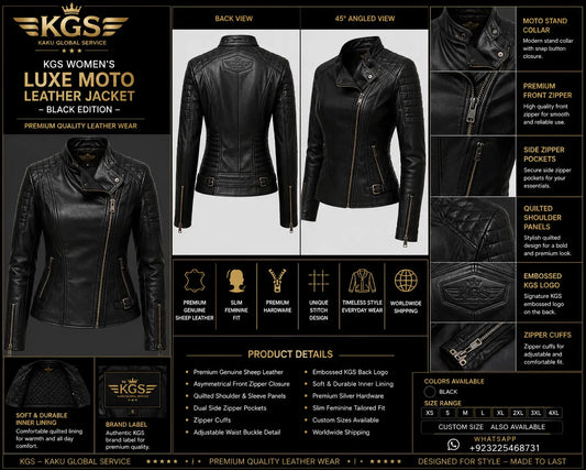 KGS Women's Luxe Moto Leather Jacket with detailed specifications and views.
