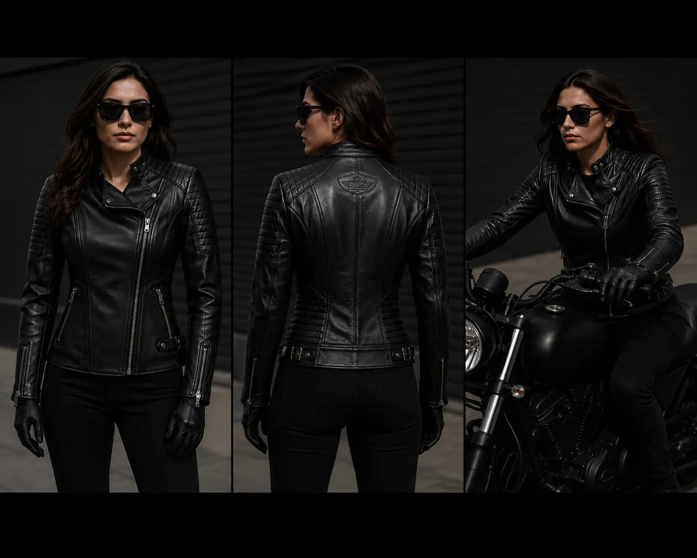 Woman wearing a black leather jacket in various poses against a dark background