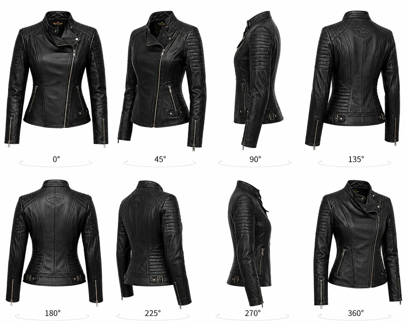 Black leather jacket shown from multiple angles on a white background