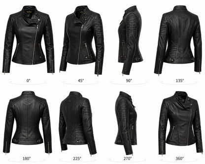 Black leather jacket shown from multiple angles on a white background