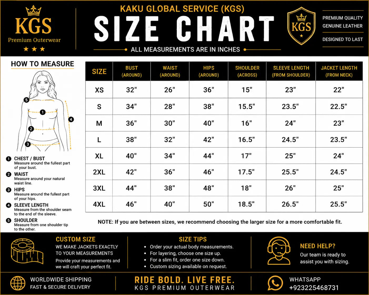 Kaku Global Service size chart for premium outerwear with measurement guide and contact information.
