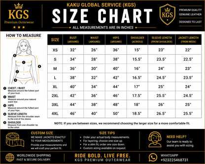 Kaku Global Service size chart for premium outerwear with measurement guide and contact information.