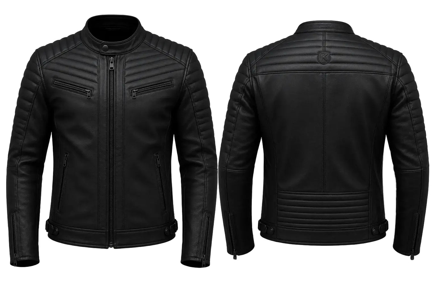 Black leather jacket shown from front and back on a white background