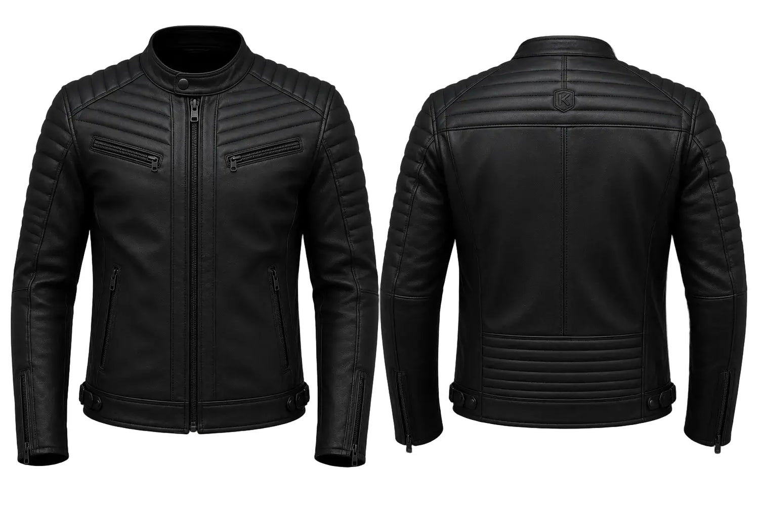 Black leather jacket shown from front and back on a white background
