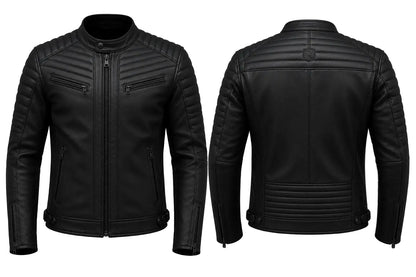 Black leather jacket shown from front and back on a white background