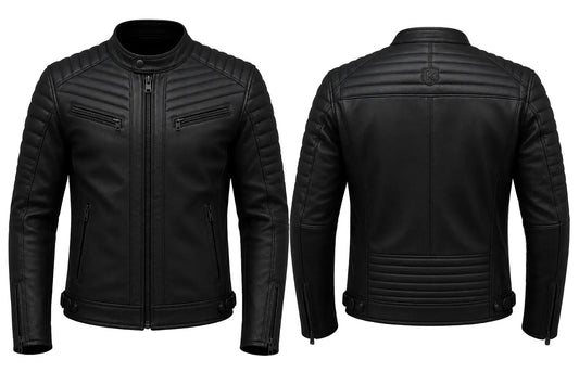 Black leather jacket shown from front and back on a white background