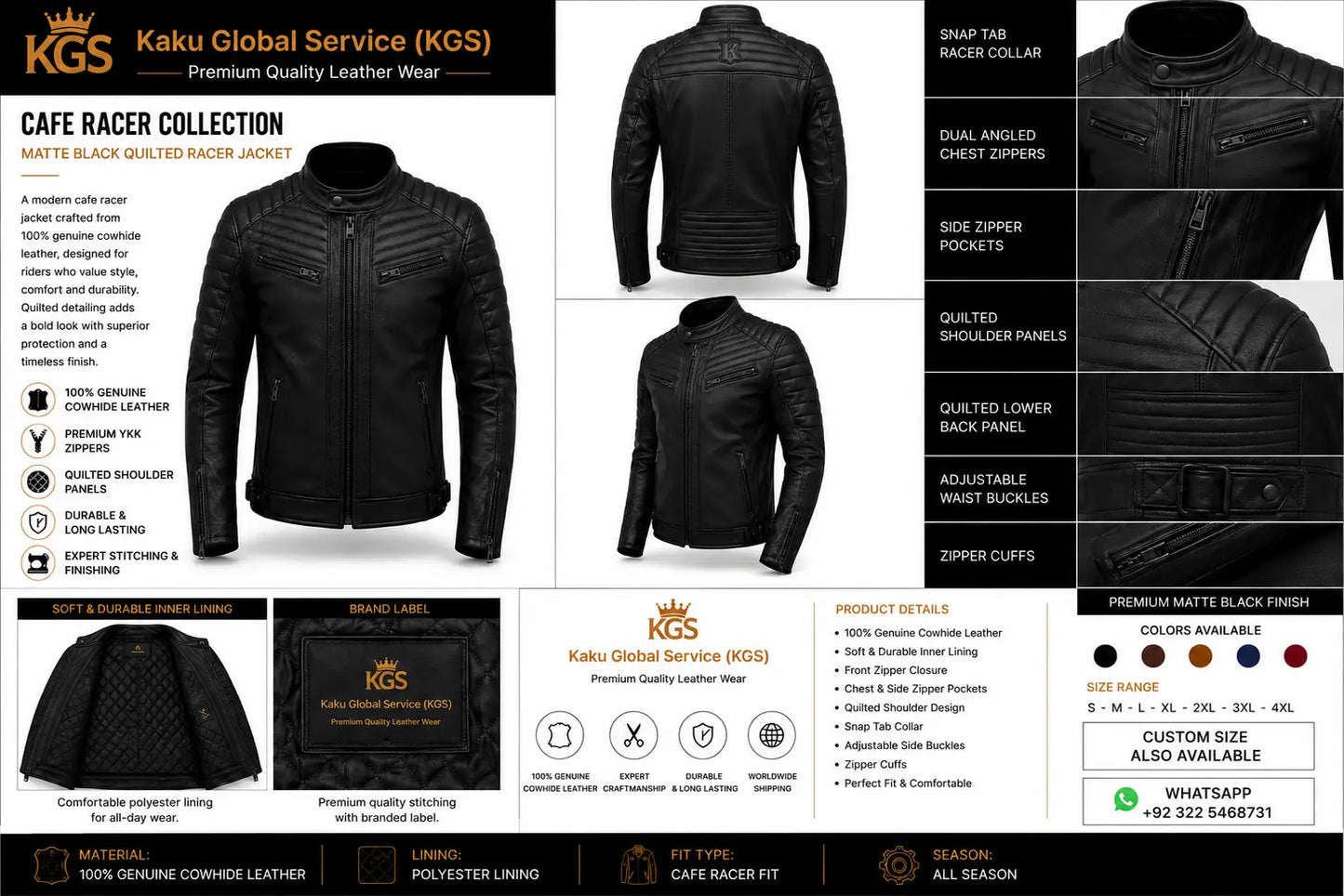 Black leather jacket with Kaku Global Service branding and product details.