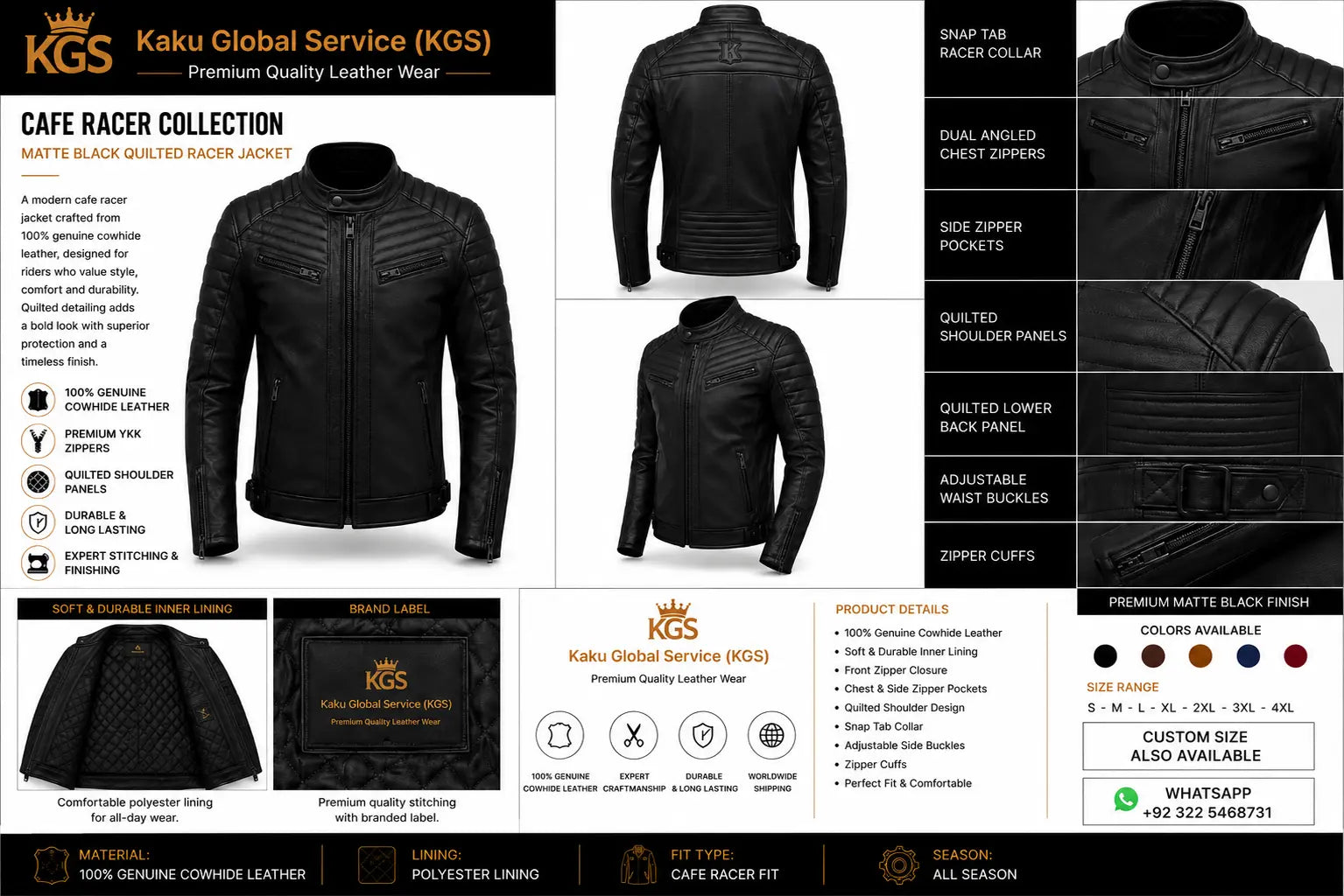 Black leather jacket with Kaku Global Service branding and product details.