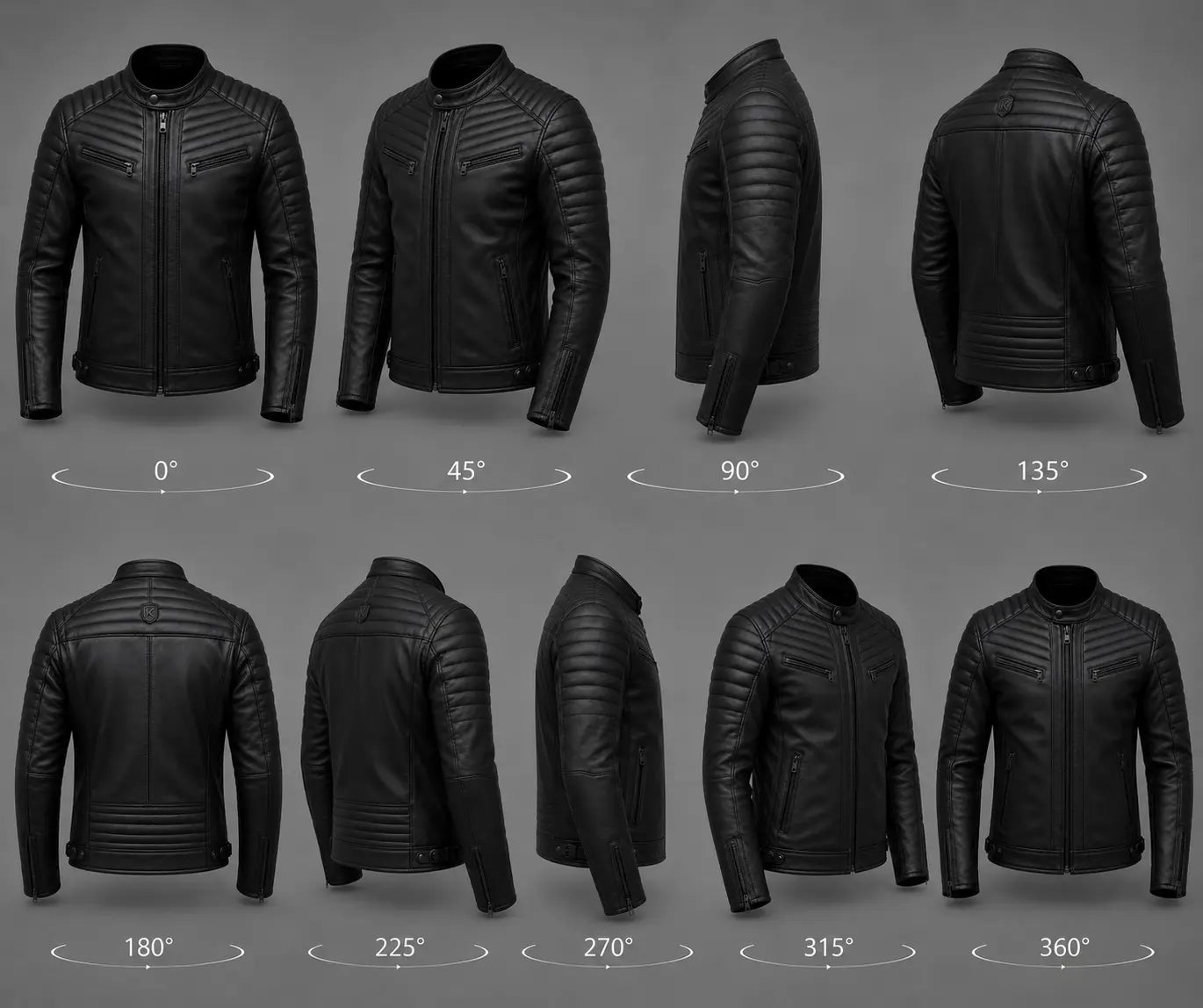Black leather jacket displayed from multiple angles on a gray background