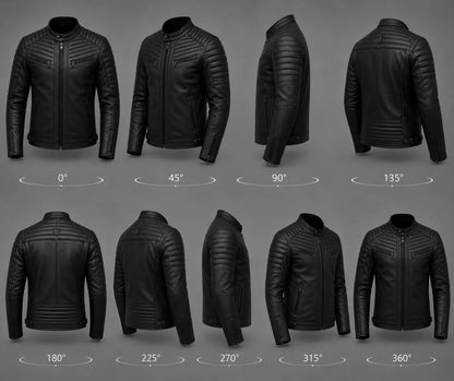 Black leather jacket displayed from multiple angles on a gray background