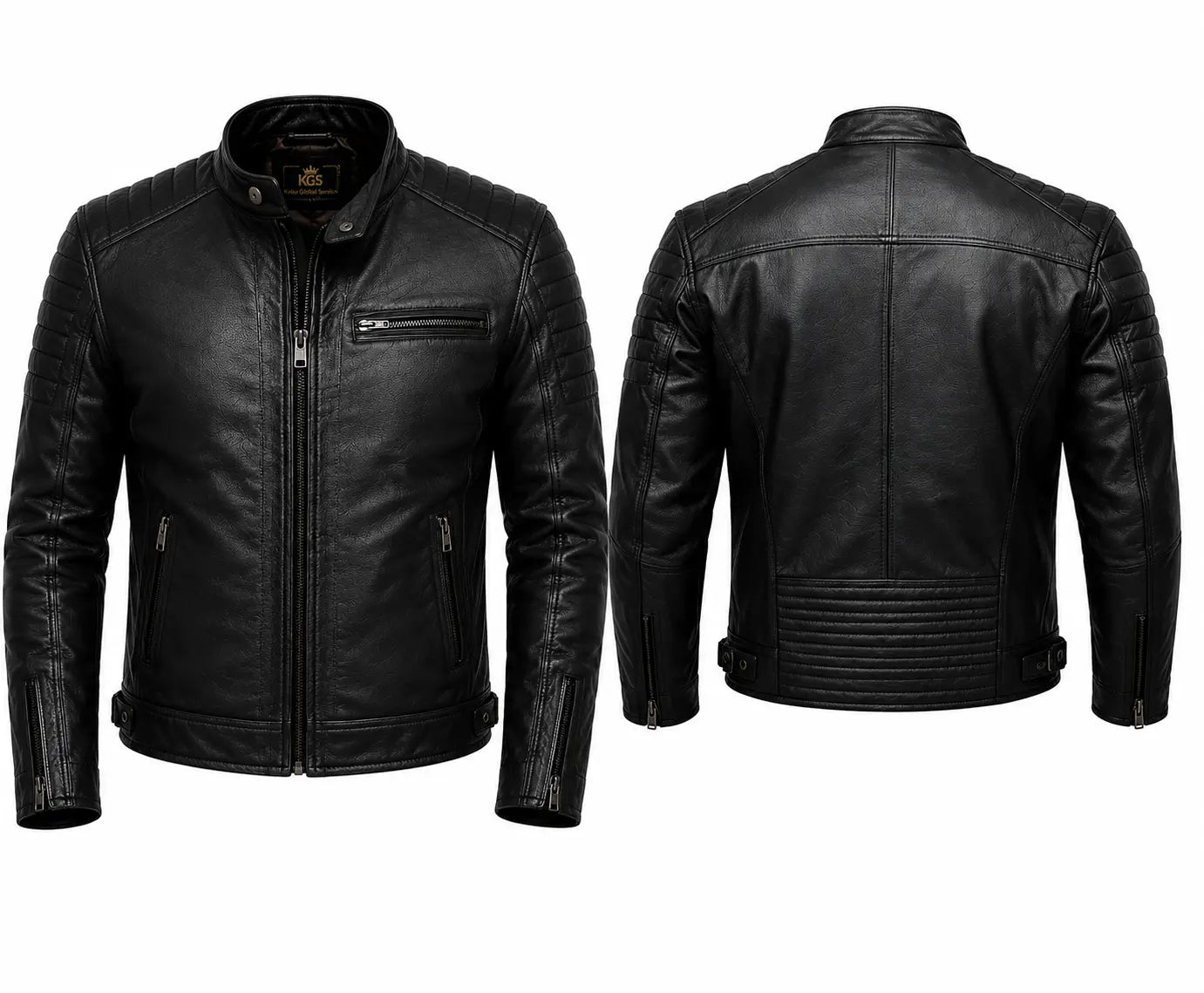 Black leather jacket shown from front and back on a white background