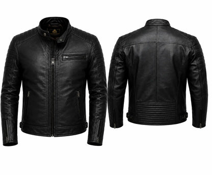 Black leather jacket shown from front and back on a white background