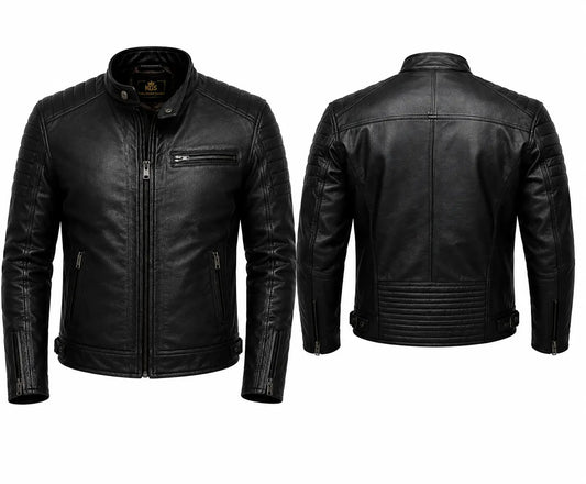 Black leather jacket shown from front and back on a white background