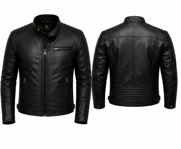 Black leather jacket shown from front and back on a white background