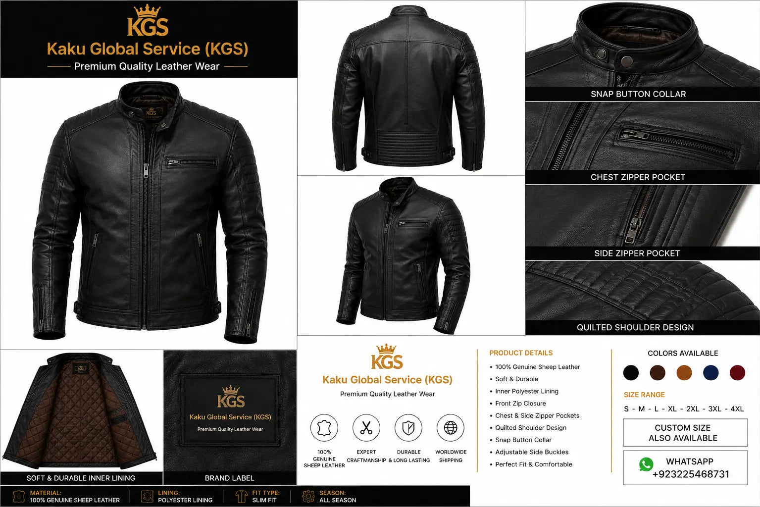 Black leather jacket with KGS branding and product details on a white background