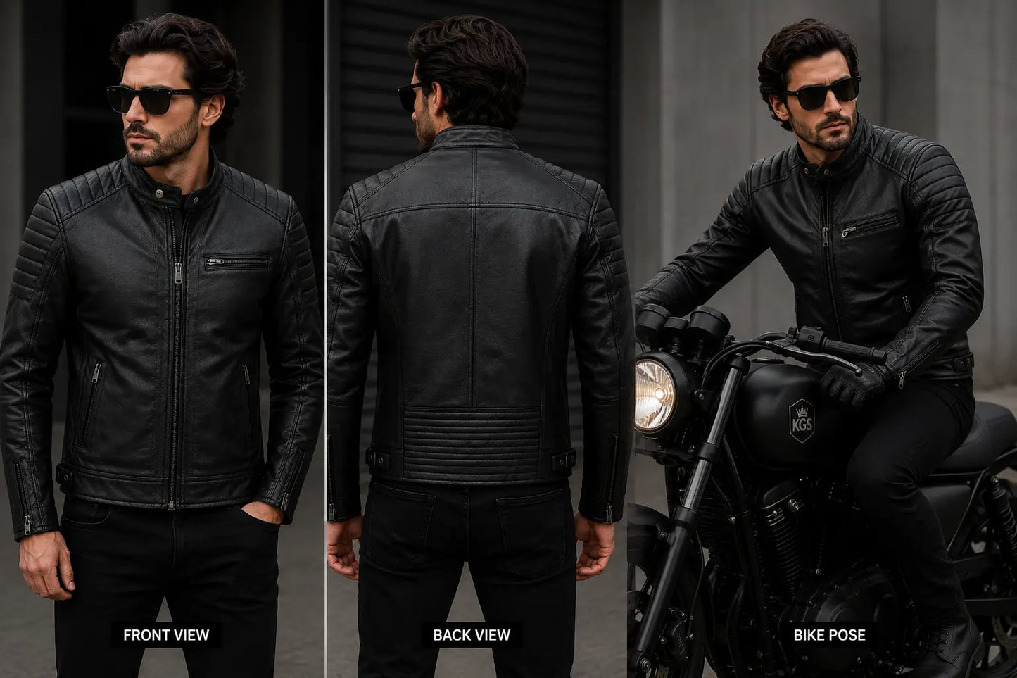 Man wearing a black leather jacket shown from front, back, and bike pose perspectives.