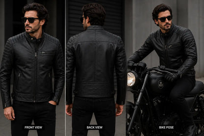 Man wearing a black leather jacket shown from front, back, and bike pose perspectives.