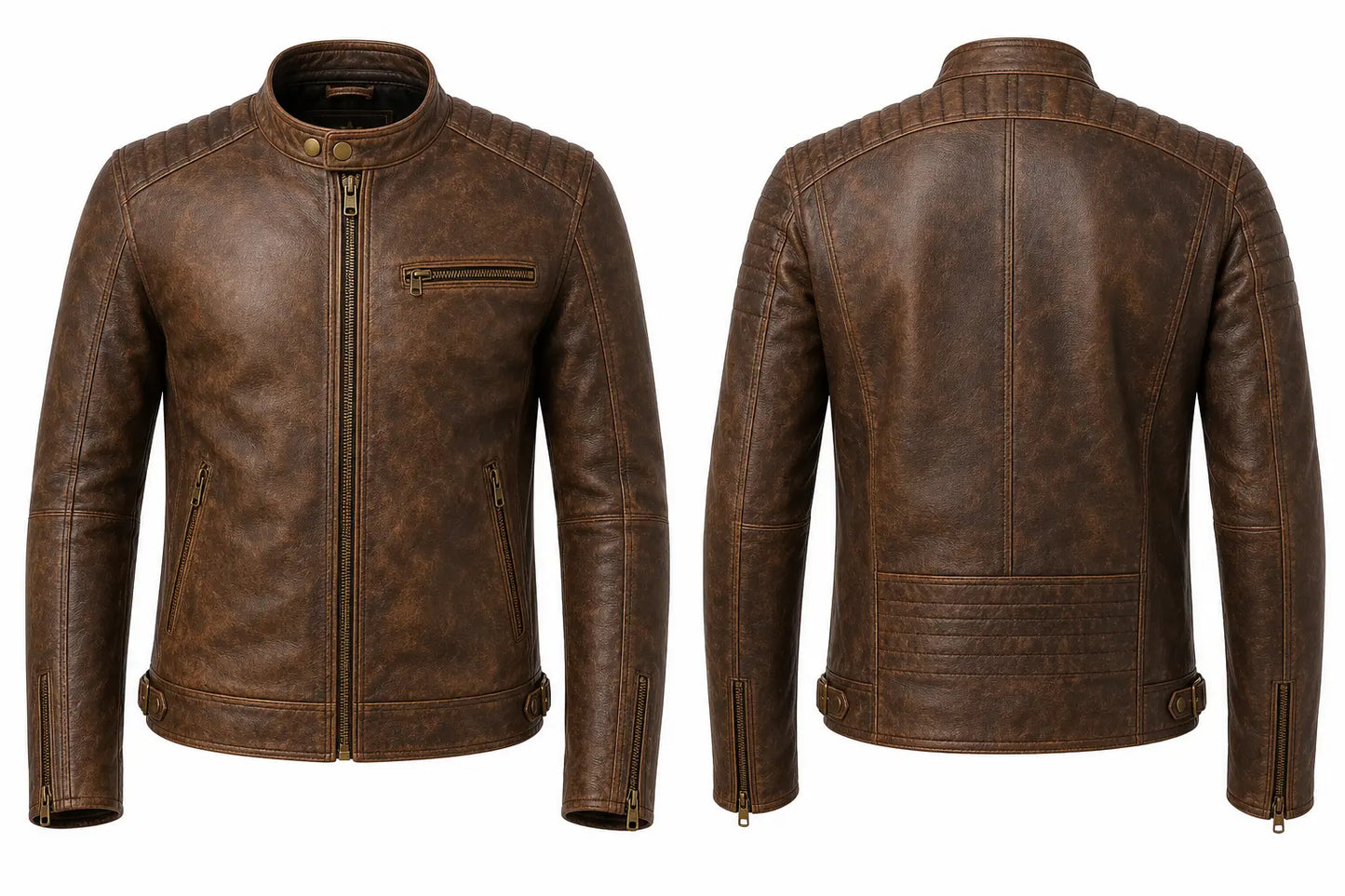 Brown leather jacket shown from front and back on a white background