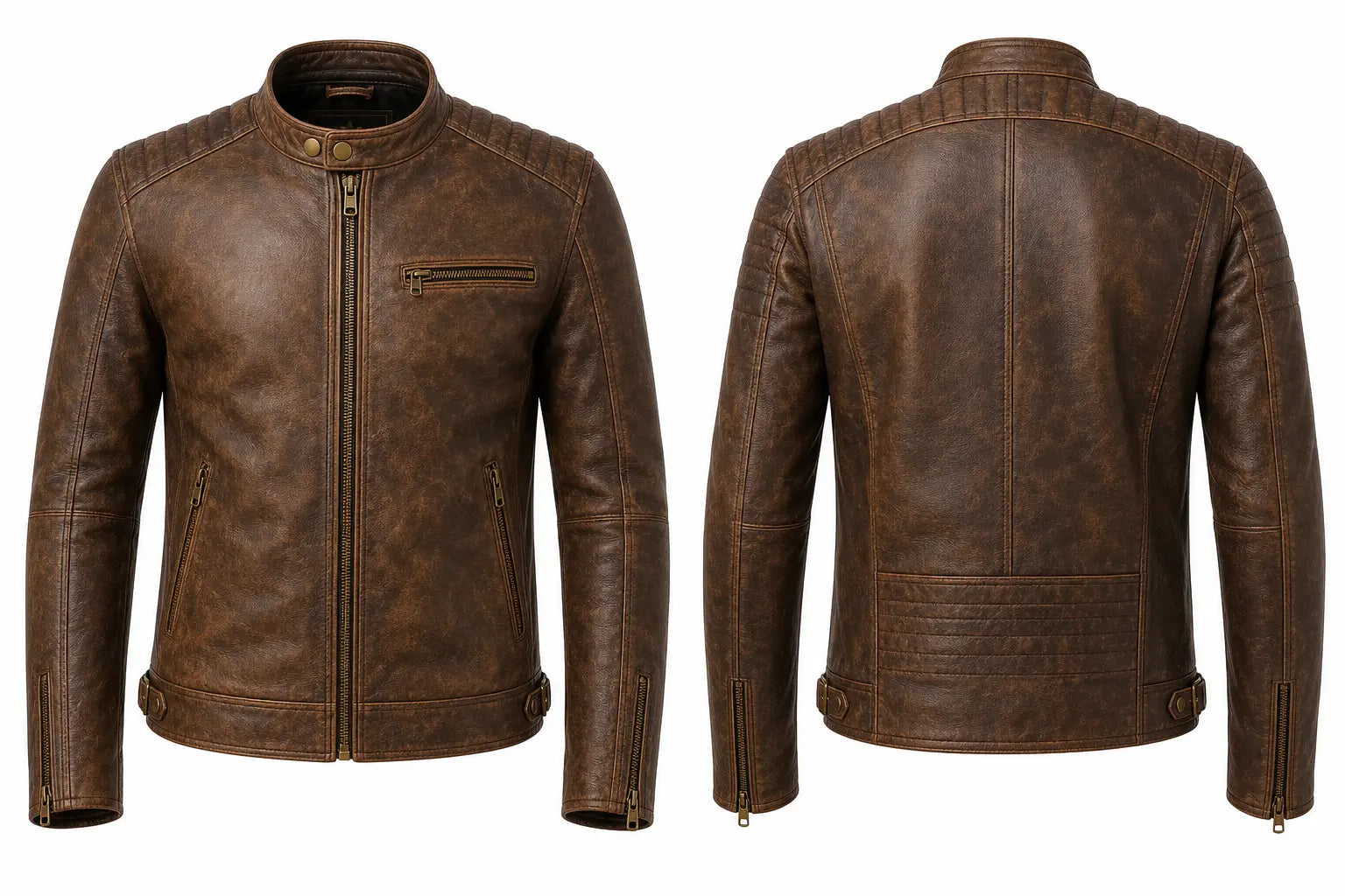 Brown leather jacket shown from front and back on a white background