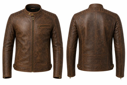Brown leather jacket shown from front and back on a white background