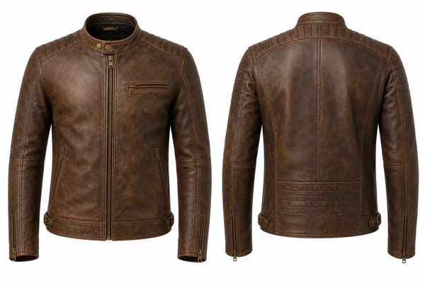 Brown leather jacket shown from front and back on a white background
