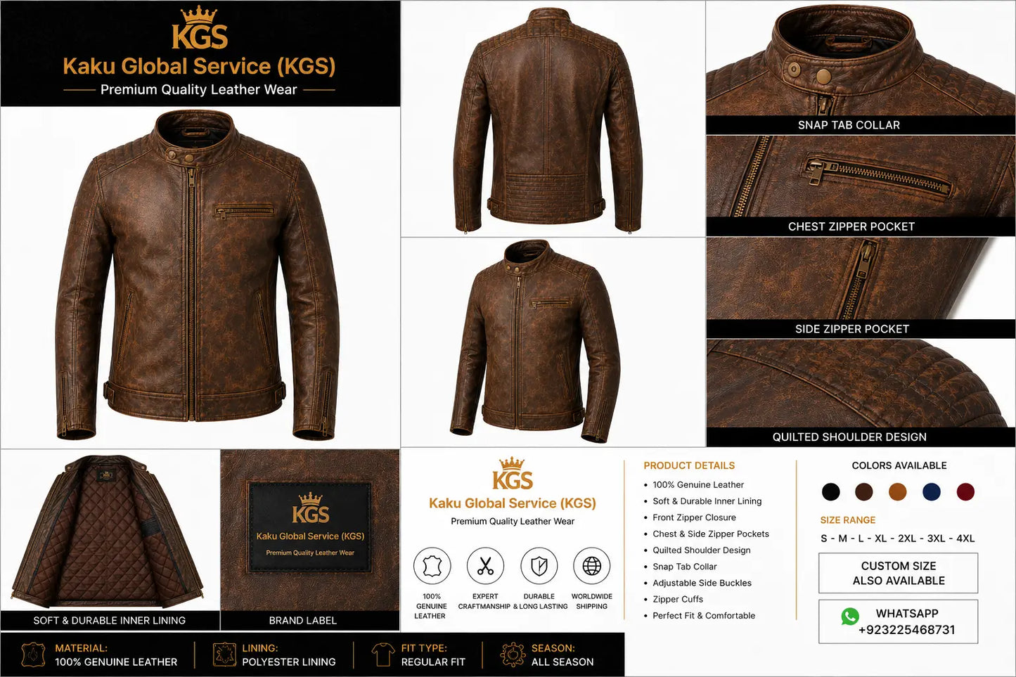Brown leather jacket with Kaku Global Service branding, showing various views and details.