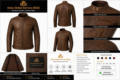 Brown leather jacket with Kaku Global Service branding, showing various views and details.