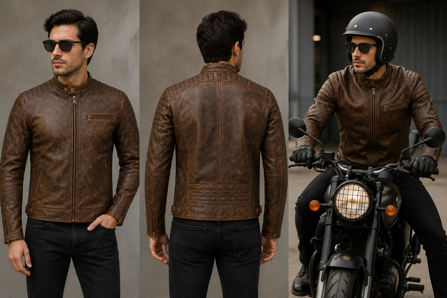 Man wearing a brown leather jacket and helmet, standing and riding a motorcycle.