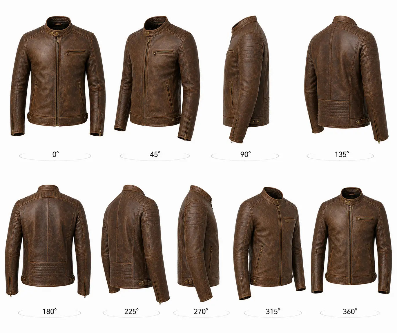 Brown leather jacket shown from multiple angles on a white background