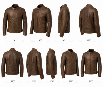Brown leather jacket shown from multiple angles on a white background