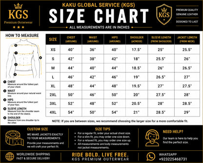 Kaku Global Service size chart for clothing measurements in inches
