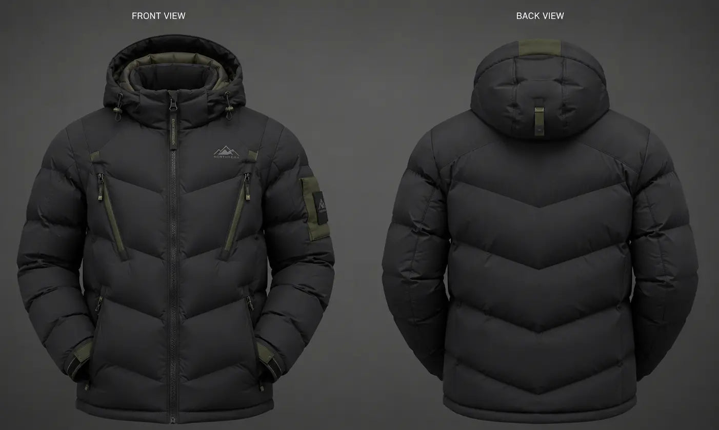 Black puffer jacket shown from front and back views on a gray background