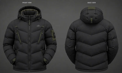 Black puffer jacket shown from front and back views on a gray background