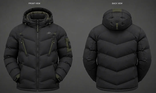 Black puffer jacket shown from front and back views on a gray background