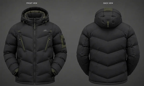 Black puffer jacket shown from front and back views on a gray background