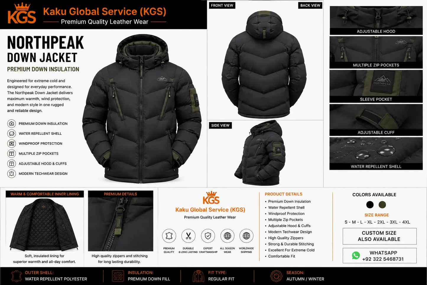 Black down jacket with features and specifications on a Kaku Global Service website page.