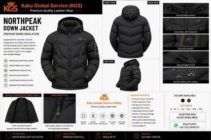 Black down jacket with features and specifications on a Kaku Global Service website page.