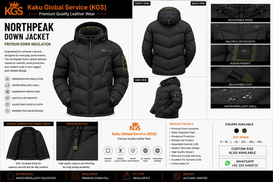 Black down jacket with features and specifications on a Kaku Global Service website page.