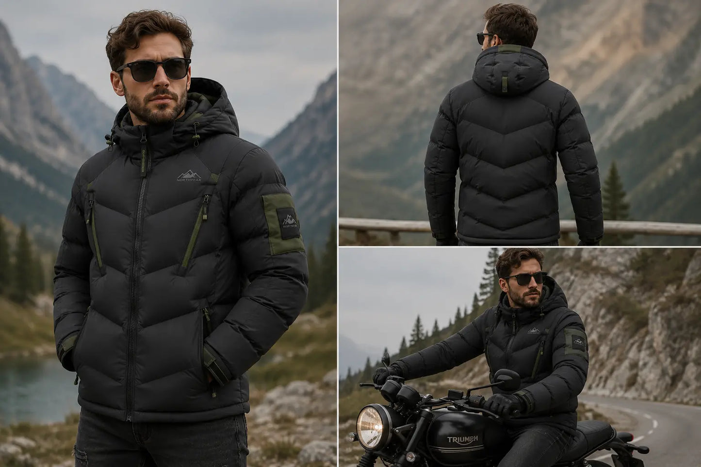 Man wearing a black puffer jacket in mountainous and road settings