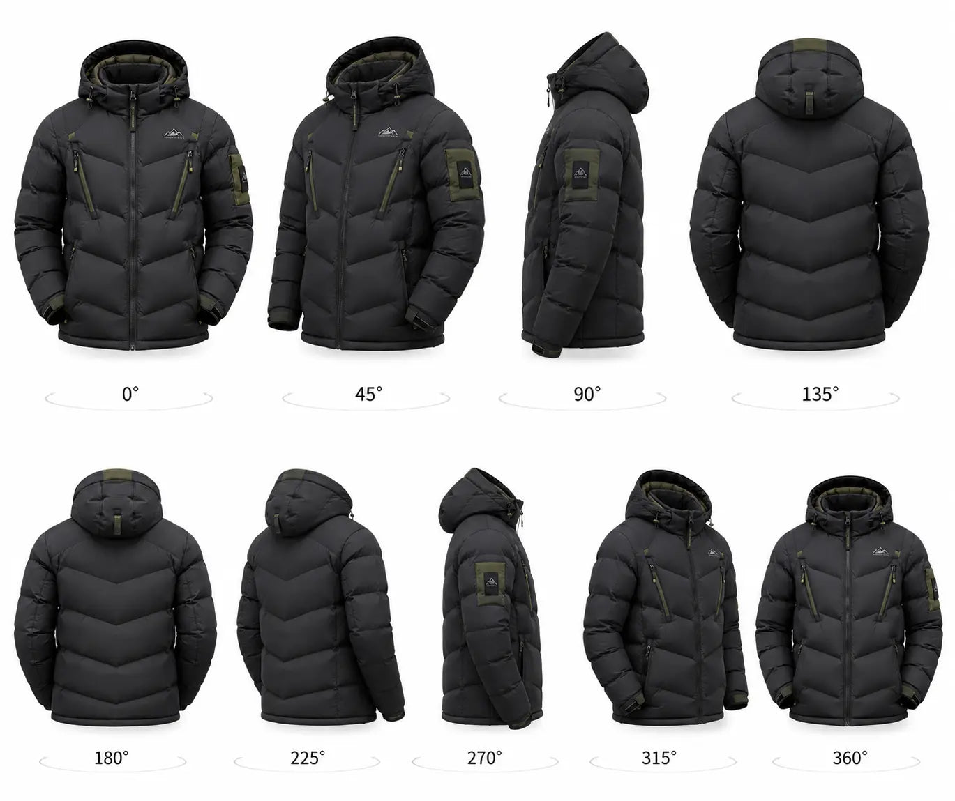 Black puffer jacket shown from multiple angles on a white background