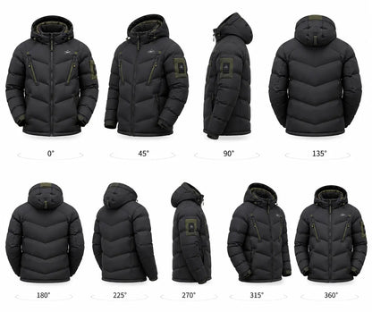 Black puffer jacket shown from multiple angles on a white background