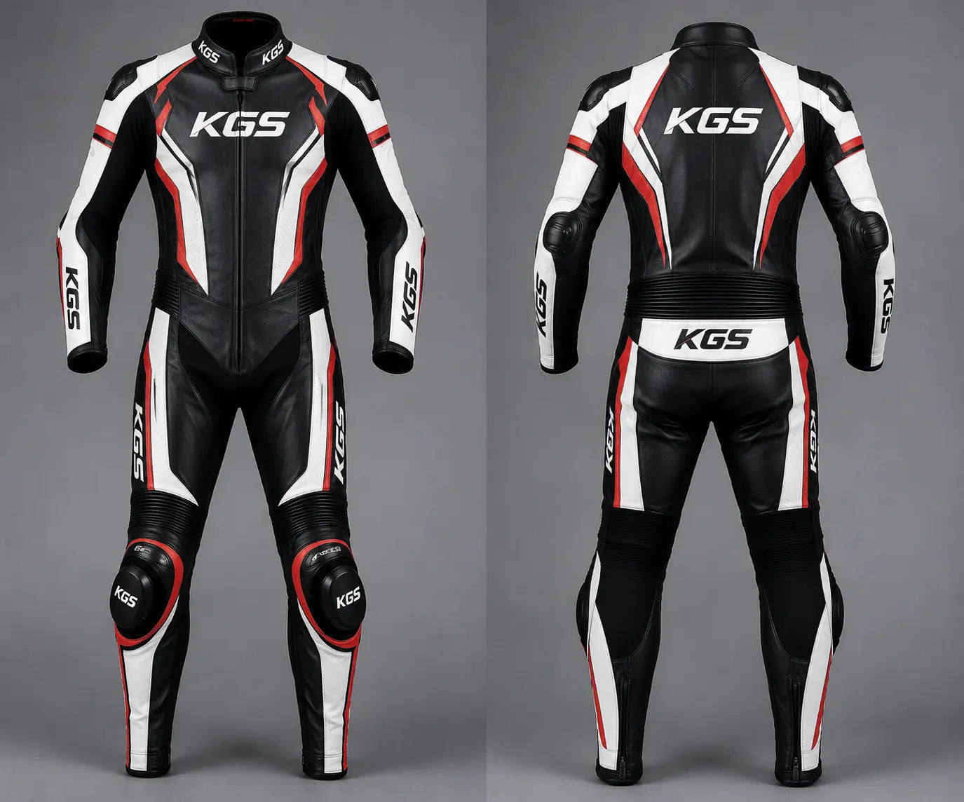 Black, white, and red KGS motorcycle racing suit on a gray background