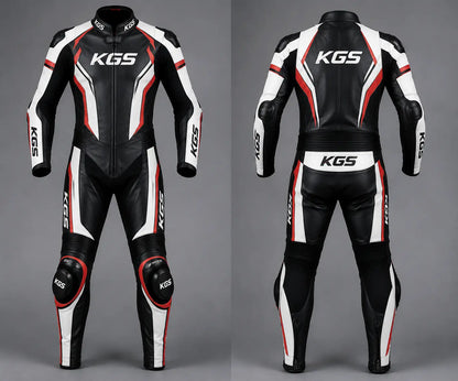 Black, white, and red KGS motorcycle racing suit on a gray background