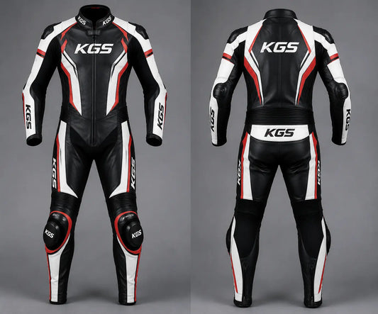 Black, white, and red KGS motorcycle racing suit on a gray background