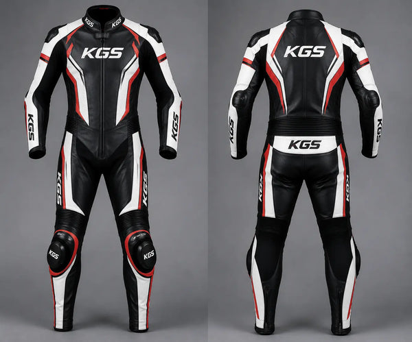 Black, white, and red KGS motorcycle racing suit on a gray background