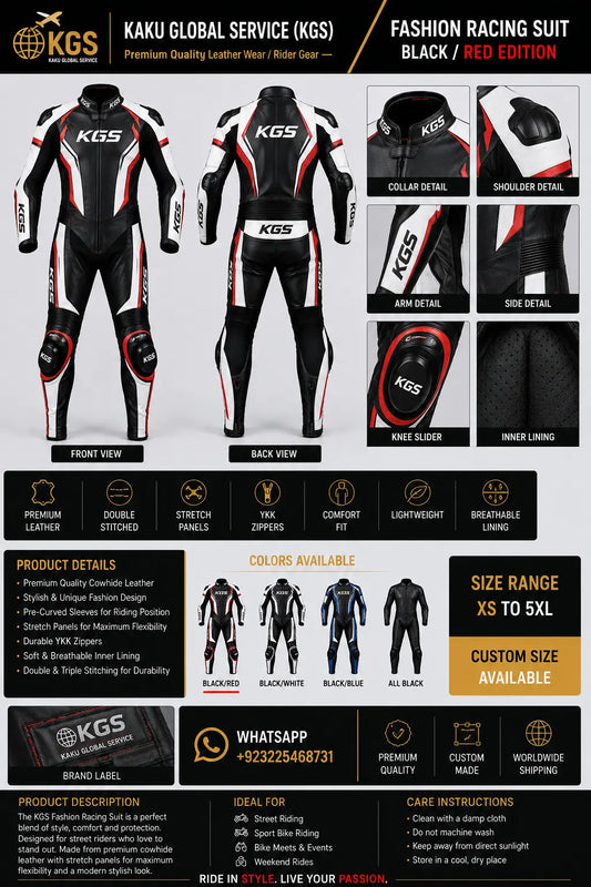 KGS Fashion Racing Suit with detailed views and specifications on a white background